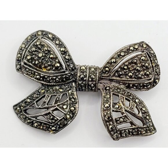 Sterling Silver 925 Brooch Pin Real Marcasite Ribbon Bow Vintage - Picture 1 of 5